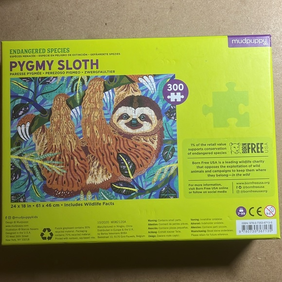 🧩 300 piece Factory Sealed Mudpuppy “Endangered Species Pygmy Sloth”. Beautiful - Picture 2 of 7